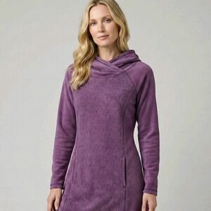 Prana‎ Tunic Hoodie XL Purple Diamond Textured Knit Pullover Cowl Neck Pockets